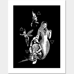 The Elementals - Fairy, Gnome, Mermaid, and Dragon (Black and White Variant) Posters and Art